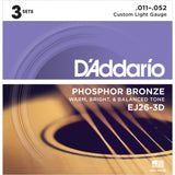 Daddario 11-52 EJ26-3D Phosphor Bronze Custom Light Acoustic Guitar Strings - 3 Pack