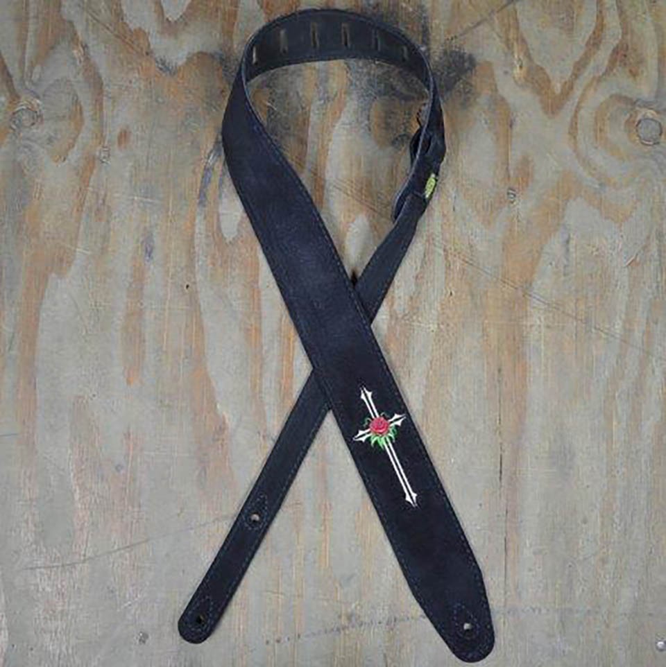 Colonial Leather 2.5 Inch Guitar Strap - Rose & Cross on Black Suede