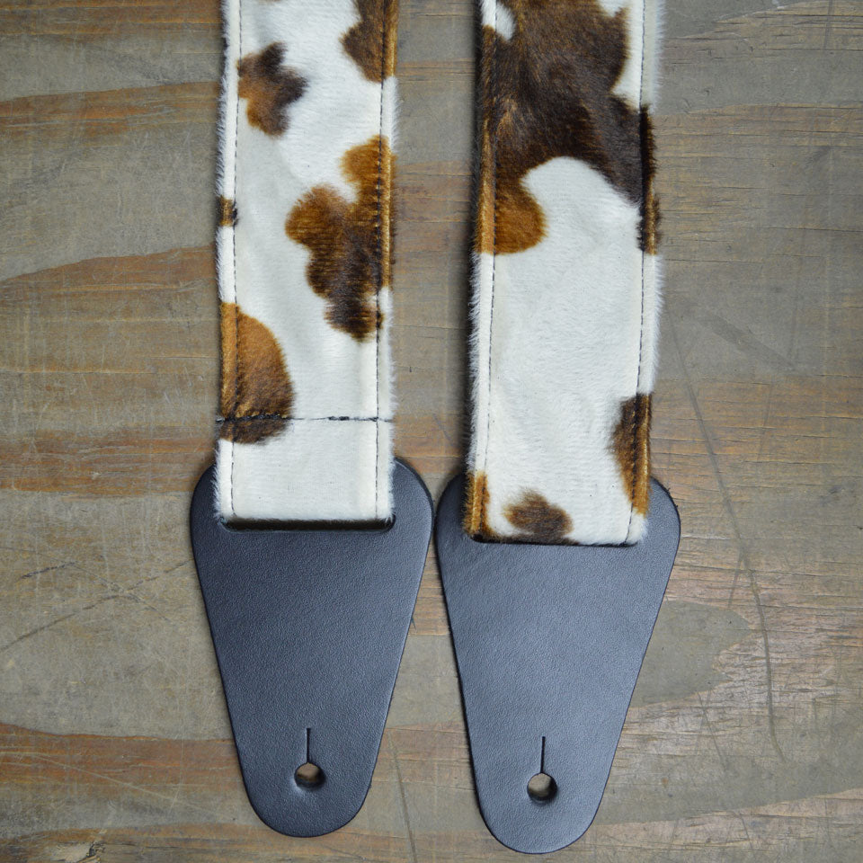 Colonial Leather Guitar Strap Animal Fur - Brown & White Cow