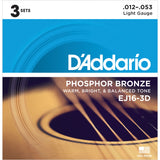Daddario 12-53 EJ16-3D Phosphor Bronze Light Acoustic Guitar Strings - 3 Pack